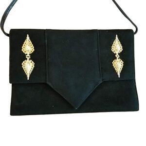 Vintage Susan Gail Black Suede Clutch Crossbody Evening Bag Purse Gold Art Deco